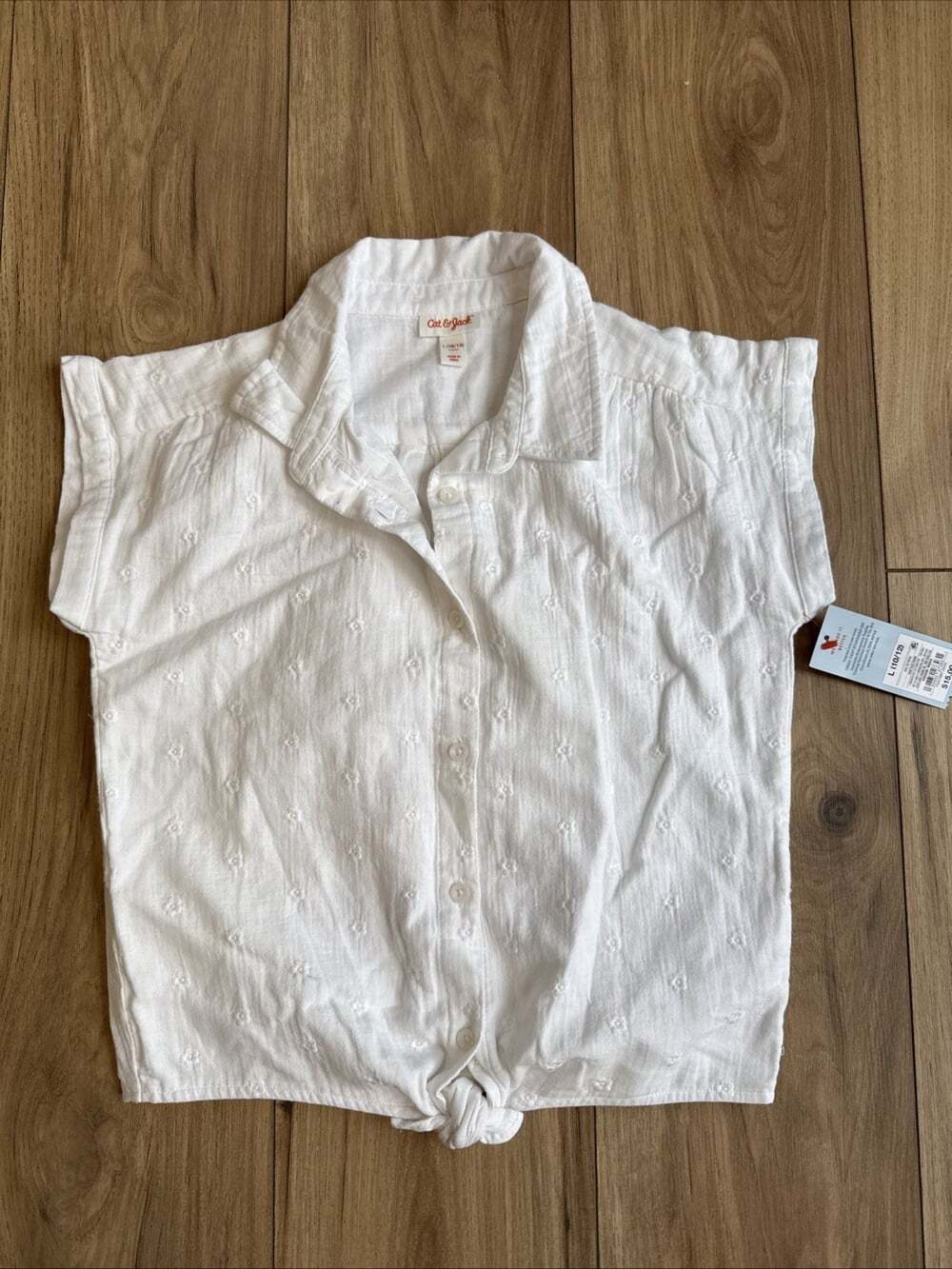 Girls Button Down Tie Front Short Sleeve White Eyelet Shirt Cat & Jack L (10/12)